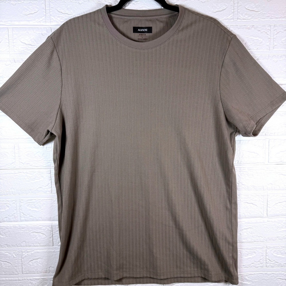 Alfani Ribbed Knit T-Shirt Mens Size L Taupe Brown Stretch Short Sleeve Crewneck